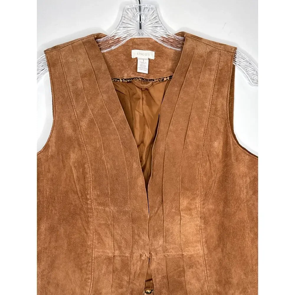 Chico’s Suede Leather Vest Brown Scalloped Hem western cowgirl Size 1 Medium